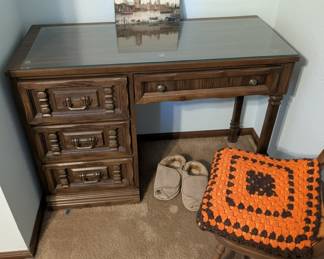 Mid-Century Modern Wood Desk with Glass Top