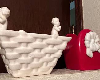 Vintage Ceramic Cherub Basket Planter and Red Heart Trinket Box