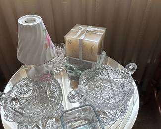 Antique Cut Crystal Serving Bowls and Porcelain Candlestick Holder