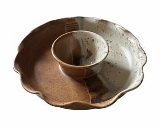 Vintage Glass Chip and Dip Platter with Sterling Silver Overlay and Ceramic Chip and Dip Bowl