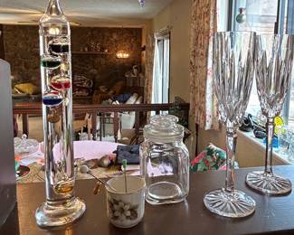 Galileo Thermometer with Glass Jar and Crystal Flutes