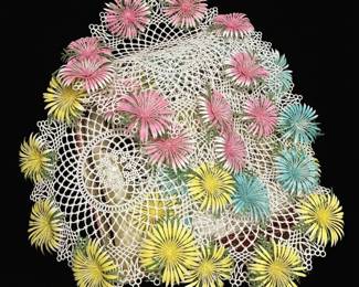 Vintage Ñandutí Doily with Artificial Flowers