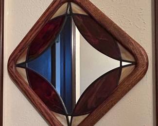 Vintage Stained Glass Diamond Shaped Mirror with Oak Frame