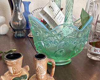 Fenton Art Glass Lily of the Valley Basket - Seafoam Green Iridescent and other items