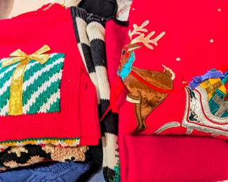 Vintage "Work in Progress" Christmas Sweaters featuring Reindeer and Gift Box