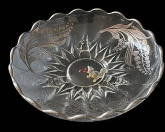 Vintage Glass Chip and Dip Platter with Sterling Silver Overlay and Ceramic Chip and Dip Bowl