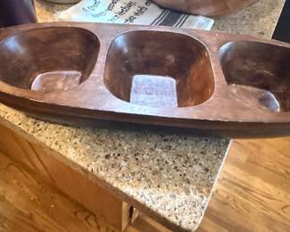 Wooden triple snack bowl