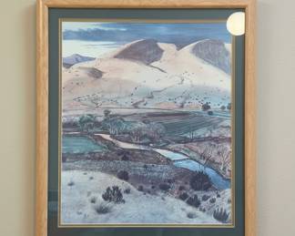 Framed Watercolor Painting of a Desert Landscape with Horseback Rider