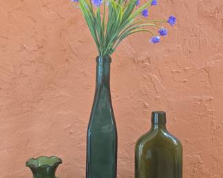 Set of Three Green Glass Bottles and Vase