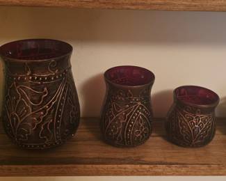 Set of 3 Decorative Vases with Ornate Bronze-Tone Finish and Ruby Red Interior