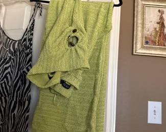 2pc med halter pants set and long bathing suit cover up.  Clothes are smalll to large, beautiful items.