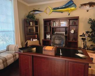 Beautiful wooden desk with hutch and attached file cabinet and bookcase.  Fish are not for sale.