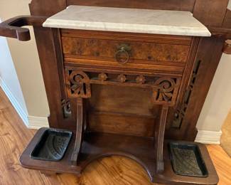 21  $500 early American walnut hall tree 36W X 12D X84H  with marble top			