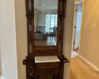 21  $500 early American walnut hall tree 36W X 12D X84H  with marble top			