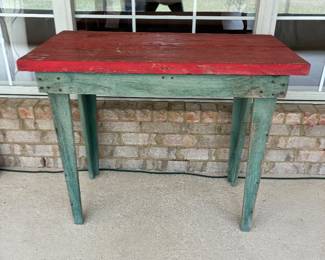 41	70.00	Primitive red top and green legs table 36x18x29