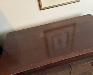 #48 - $440 - Bernhardt chest one of 2 -38Wx20Dx35H - leather simulated drawers - 4 drawers - 2 available - RIGHT one mark on top  