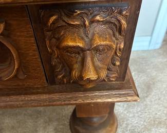 74	500.00	Antique Oak Belgian linen cabinet 51Wx19Dx58H - carved figurines - with long bottom drawer