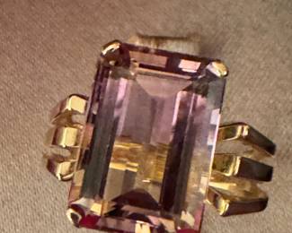 $550 - Emerald cut watermelon tourmaline ring. 14kt yellow gold. 4.7gr. sz 6 