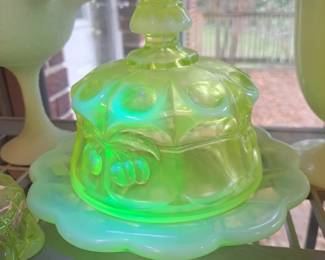 11 - $70 - Mosser Glass Cherry & Cable Opalescent yellow butter dish