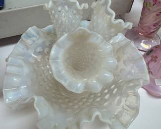 #81 - $120 -Fenton hobnail epergne iridescent clear and milky 3 trumpets