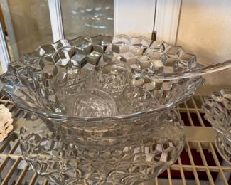 #7B - $200 - Fostoria American clear pattern large punch bowl with underplate with 1 ladle & 6 cups - Also stand