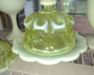 #11 - $70 - Mosser Glass Cherry & Cable Opalescent yellow butter dish