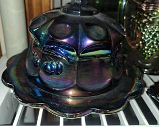 #10 - $40- Mosser Glass Cherry Cable Thumbprint Purple Carnival Iridescent Glass Spooner butter dish