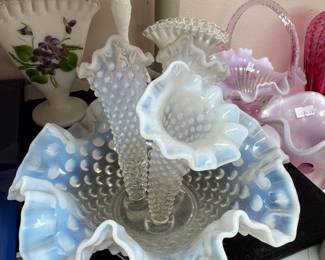 #84 - $120 - Fenton hobnail epergne iridescent clear & milky 3 trumpets 