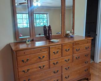 #19C Pair of Keller dresser with trifold mirror #2650 - solid wood 64Wx19Dx39 1/2T + Mirror 54Wx46T $450