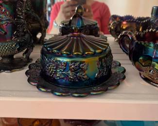 #10 - $40- Mosser Glass Cherry Cable Thumbprint Purple Carnival Iridescent Glass Spooner butter dish