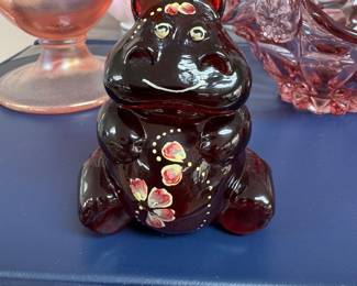#80 - Fenton Hippo cranberry with painted flowers