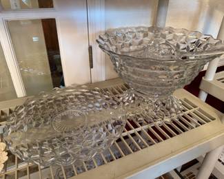 #7B - $200 -Fostoria American clear pattern large punch bowl with underplate with 1 ladle & 6 cups - Also stand