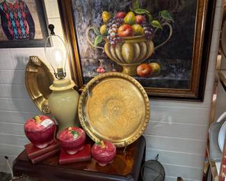 Framed floral oil, brass tray, vintage lamp, framed art