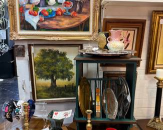framed oils, vintage silver plate trays, brass candlesticks,cutting boards