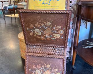 Vintage Magazine Rack featuring intricate floral marquetry inlay work on front panels and twisted rope carvings along the edges