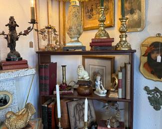 vintage book shelf, bird figurine, lamps, framed wall art