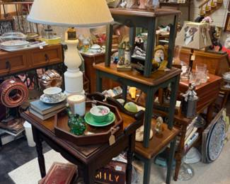 nesting tables, lamps, vintage books, lamps