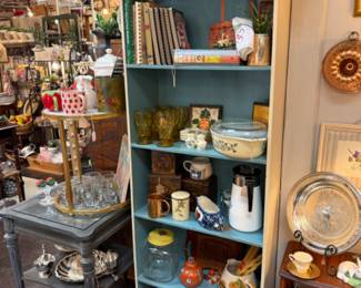 cook books, casserole dishes, silver plate tray, vintage coffee pot