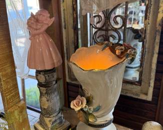 vintage Capodimonte style lamp with hand painted floral details and iridescent finish, 