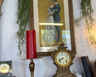 vintage mantle clock, brass candlestick, framed victorian art