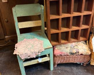 vintage chair, wooden display shelf, foot stool