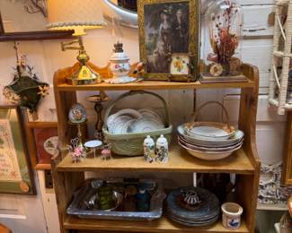 vintage lamp, bowls plates, bread box, framed art