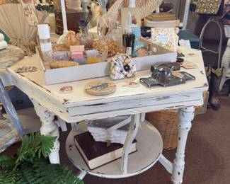 American Victorian two-tier turned leg side table with white paint and square top with beveled edge 