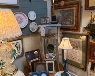 vintage glass lamp, frames, lamp, framed art