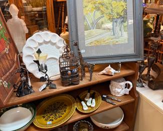 framed floral art, dishware, glasses