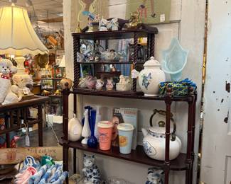 blue and white cats, ceramic ginger jar, vases, owl, dog figurine