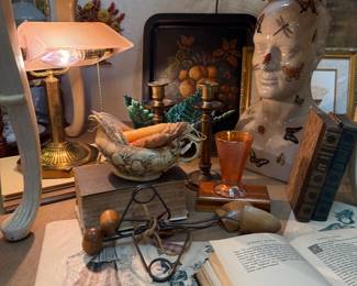 80s pink bankers lamp, vintage books glassware