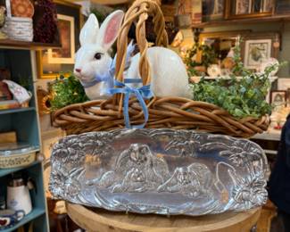 large bunny, vintage silver bunny tray, stool, baskets, greenery