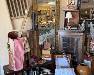 gold wall mirror, wash board, copper and brass coal scuttle