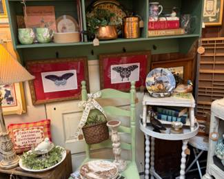 vintage green chair, side table, butterfly art, copper decorative pieces